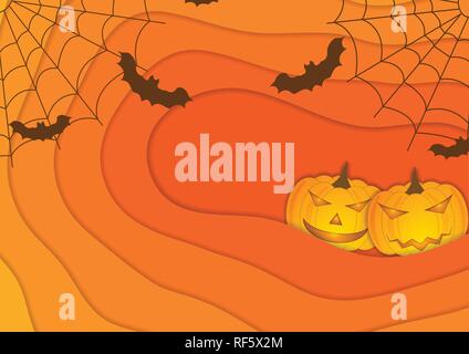 Bright orange autumn Halloween background with Jack-O-Lantern pumpkins and bats. Vector design Stock Vector