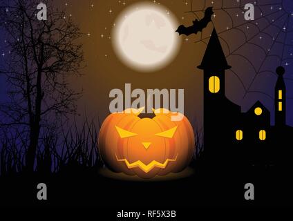 Halloween greeting card with Jack-O-Lantern pumpkin. Sinister moonlight night, castle and bat. Vector cartoon illustration Stock Vector