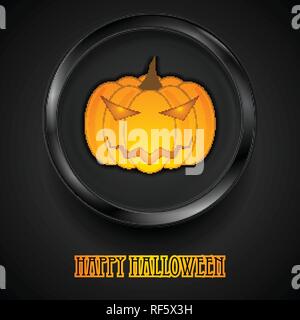 Jack-O-Lantern pumpkin Halloween monster on black circle button. Vector design Stock Vector