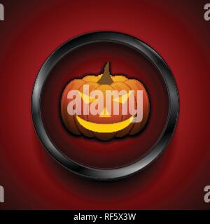 Jack-O-Lantern pumpkin Halloween monster on dark circle button. Vector design Stock Vector
