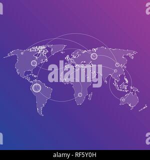 Abstract digital vector illustration of the world map with connecting points on the continents in neon colors Stock Vector