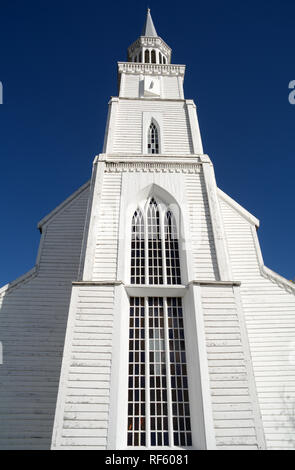 An old 19th century gothic style Anglican church in the indigenous Cree First Nation town of Stanley Mission, northern Saskatchewan, Canada. Stock Photo