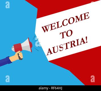 hand with a megaphone and the inscription Welcome to Austria against the background of the flag Stock Vector