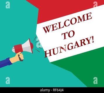 Hand with megaphone and the inscription Welcome to Hungary on the background of the flag Stock Vector