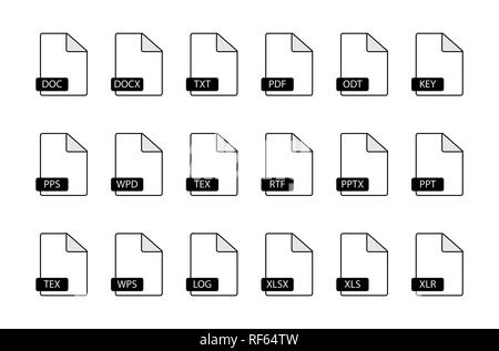 Set of 18 file icons, flat simple illustration Stock Vector