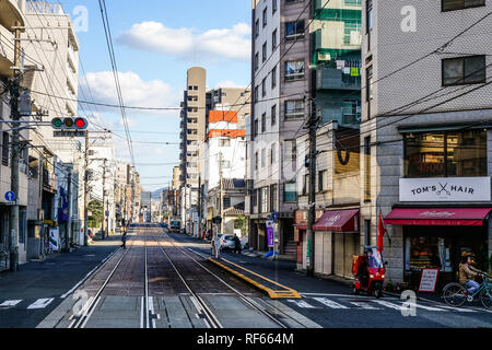 Hiroshima, Japan - Dec 28, 2015. Street of Hiroshima, Japan. Hiroshima was the first city targeted by a nuclear weapon, on August 6, 1945. Stock Photo