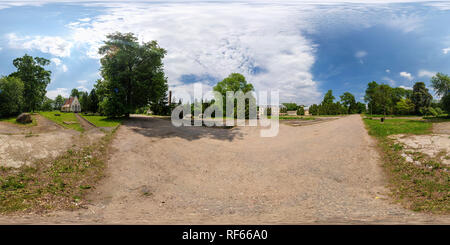 360 degree panoramic view of GRODNO, BELARUS - JUNE 2, 2015: 360 panorama view near abandoned homestead castle with ghost. Full 360 by 180 degrees seamless panorama  in equirectan