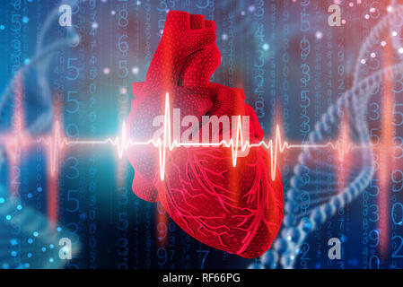 3d illustration of human heart and cardiogram with mesh texture modeling on abstract futuristic blue background. Concept of digital technologies in me Stock Photo