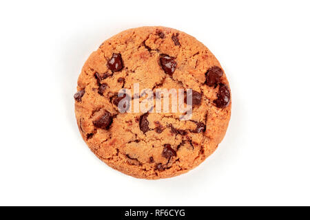 A photo of a freshly baked chocolate chip cookie, shot from the top on a white background with a place for text Stock Photo