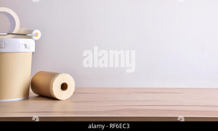 Painting tools for home on table with white wall background. Horizontal composition. Front view. Stock Photo