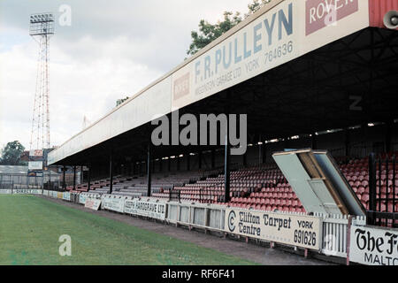 The main stand at York City FC Football Ground, Bootham Crescent, York, North Yorkshire, pictured on 12th July 1991 Stock Photo