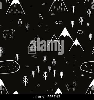 Hand drawn scandinavian animals in the forest, seamless pattern. Scandinavian style traditional motifs. Vector illustration Stock Vector
