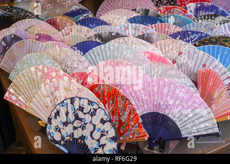 Japanese rice paper Fans on display in a Fan Shop. Photographed in Japan, Kyoto, Stock Photo