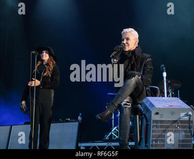 The Swedish pop rock duo Roxette performs a live concert at the Danish music festival Jelling Festival 2015. The duo consists of singer Marie Fredriksson and musician Per Gessle. Denmark, 23/05 2015. EXCLUDING DENMARK. Stock Photo