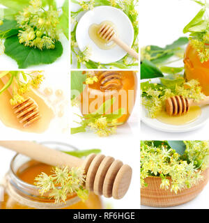 Beautiful collage with fresh honey and flowers of linden Stock Photo