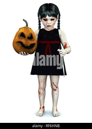 An evil gothic looking, blood covered small girl holding a pumpkin in one hand and a knife in the other. White background. Stock Photo