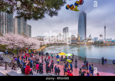 SEOUL, KOREA - APRIL 5, 2015: tourist In spring with cherry blossoms,Lotte World, Amusement park in Seoul South Korea on April 5, 2015 Stock Photo