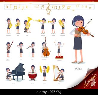 A set of women on classical music performances.There are actions to play various instruments such as string instruments and wind instruments.It's vect Stock Vector