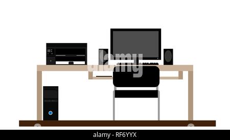 Workplace. Personal computer, printer, speakers, table. Vector. Stock Vector