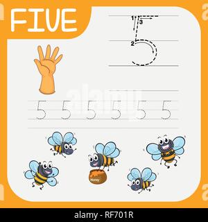 Number five tracing alphabet worksheets illustration Stock Vector