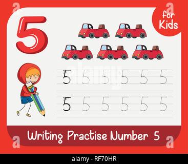 Number five tracing worksheets illustration Stock Vector
