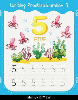 Number five tracing alphabet worksheets illustration Stock Vector