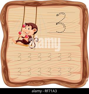 Number three tracing alphabet worksheets illustration Stock Vector