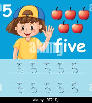 Number five tracing alphabet worksheets illustration Stock Vector