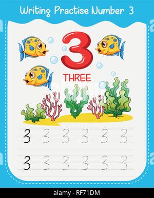 Number three tracing worksheets illustration Stock Vector