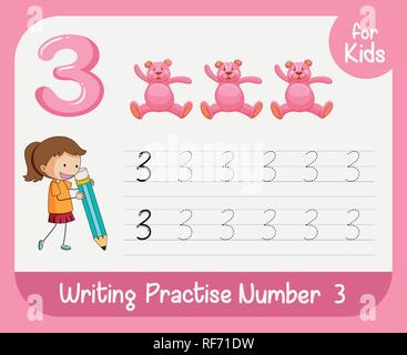Number three tracing alphabet worksheets illustration Stock Vector