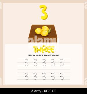 Number three tracing worksheets illustration Stock Vector