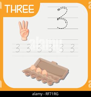 Number three tracing alphabet worksheets illustration Stock Vector