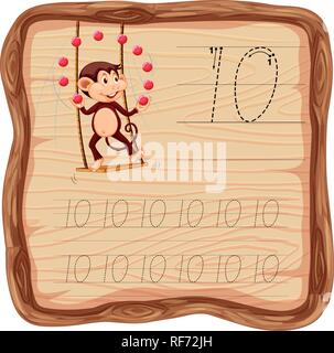 Number ten tracing alphabet worksheets illustration Stock Vector