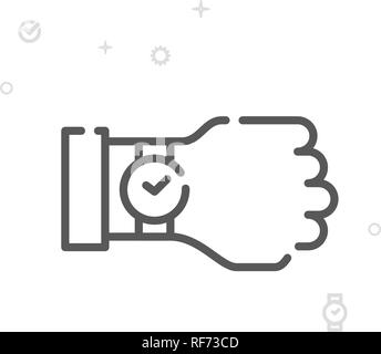 Watch on Hand Vector Line Icon. Wrist Watch Symbol, Pictogram, Sign. Light Abstract Geometric Background. Editable Stroke. Adjust Line Weight. Design  Stock Vector