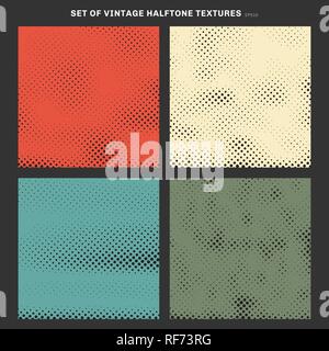 Set of vintage halftone texture effect created from squares background. Retro grange scratched designs. Vector illustration Stock Vector
