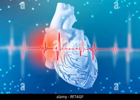 3d illustration of human heart and cardiogram with mesh texture modeling on abstract futuristic blue background. Concept of digital technologies in me Stock Photo
