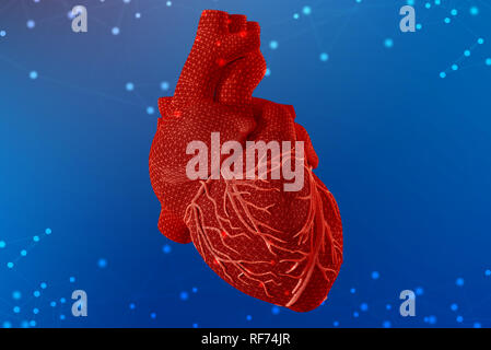 3d illustration of human heart with mesh texture modeling on abstract futuristic blue background. Concept of digital technologies in medicine Stock Photo