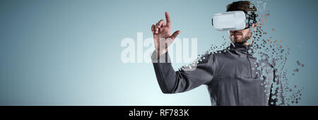 Composite image of man gesturing while using virtual reality headset Stock Photo
