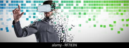 Composite image of man gesturing while using virtual reality headset Stock Photo