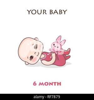 Monthly infant development. Stages of child development in the first year of life. Six months baby. Colorful vector Illustration isolated on white background Stock Vector