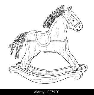 Old style rocking horse drawing - vintage like illustration of children toy on white background. Stock Photo