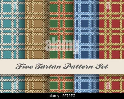 Set of five seamless tartan square scottish patterns. Vector illustration Stock Vector
