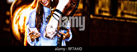 Female vet using mobile phone while standing by horse Stock Photo