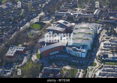 An aerial view of Pinderfields Hospital Wakefield, built under PFI, West Yorkshire, Northern England, UK Stock Photo