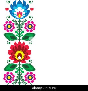 Folk art vector greeting card or invitation - Polish traditional pattern with flowers - Wycinanki Lowickie Stock Vector