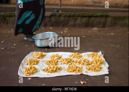 A woman sells wild mushrooms similar to Chanterelle, at market in Mulanje, Zambia. Stock Photo