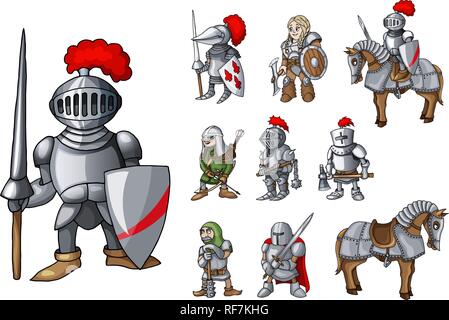 Set of medieval knight characters standing in different poses isolated on white Stock Vector