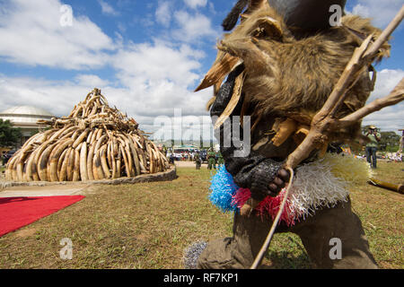Traditional gule wamkulu tribal dancers perform a spiritual ceremony in front of confiscated elephant ivory scheduled to burn, Lilongwe Malawi Stock Photo