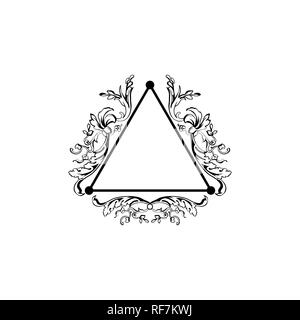 Floral filigree decorative triangle frame. Black ink vintage