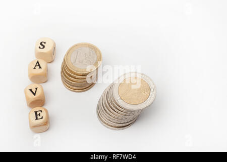Euro coins with the word save on the white background, isolated Stock Photo